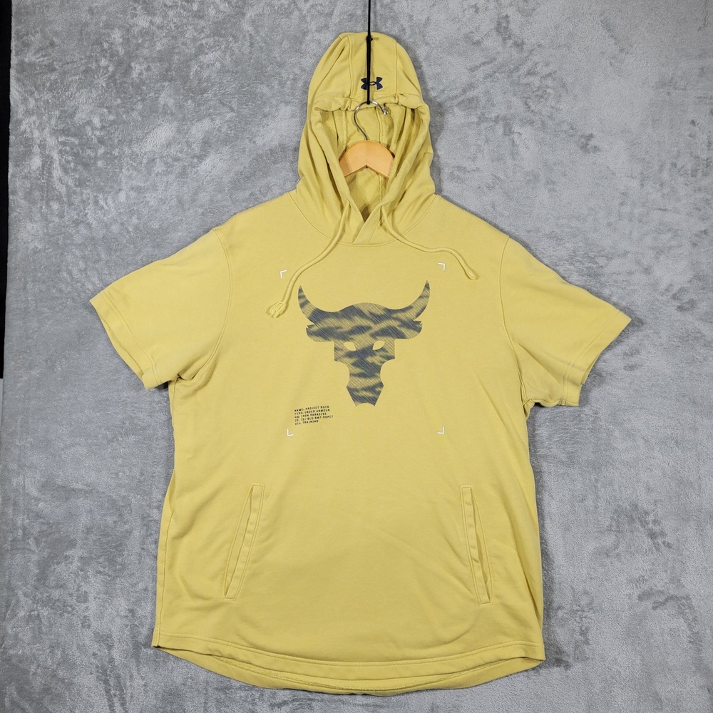 Under Armour Hoodie Mens 2XL Yellow Short Sleeve Pullover Project Rock Bull